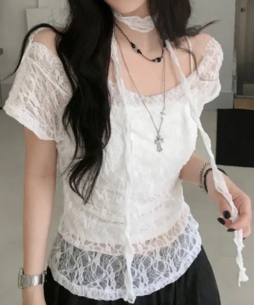 FREE STYLISTS(フリー スタイリスト)の「(ベスト除く) レース リボン シースルー トップス(Tシャツ/カットソー・レディース・ブラック/ホワイト・M/S)」の4枚目の写真