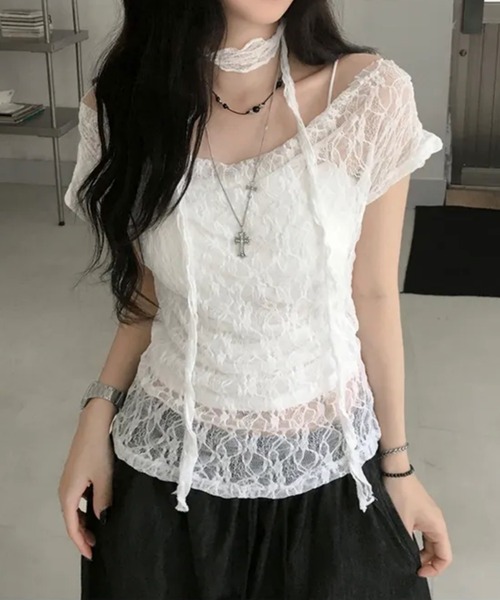 FREE STYLISTS(フリー スタイリスト)の「(ベスト除く) レース リボン シースルー トップス(Tシャツ/カットソー・レディース・ブラック/ホワイト・M/S)」の5枚目の写真