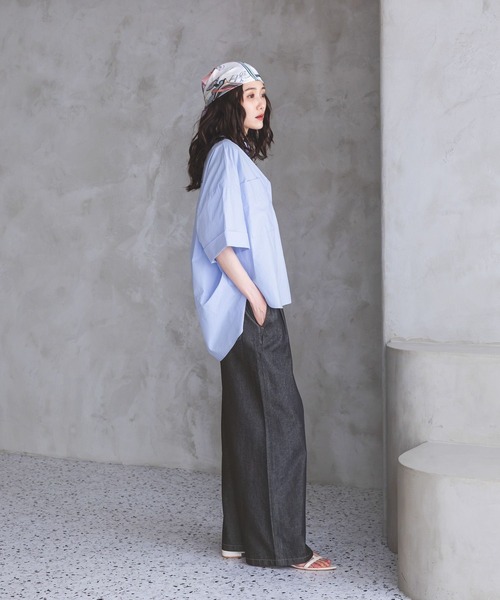 GLOBAL WORK（グローバルワーク）の「タイプライタ－コクーンシャツＴ/678457（シャツ/ブラウス・レディース・サックスブルー/ボルドー・MEDIUM/LARGE）」の4枚目の写真