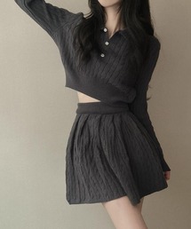 【2026AW】 ニットセットアップ ケーブル編み ミニスカート ハイウエスト フレア ショート丈 韓国ファッション