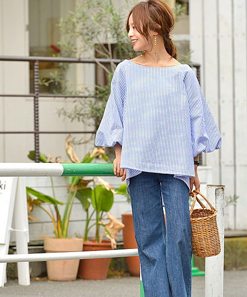 coca（coca）（コカ）の「バルーンスリーブストライプブラウス（シャツ/ブラウス・レディース・ブルー・ONE SIZE）」の8枚目の写真