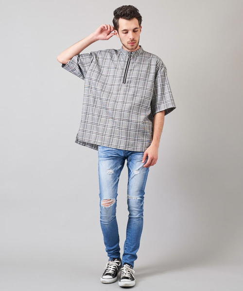 Luv maison（ラブメゾン）の「グレンチェックスタンドジップ 半袖シャツ（シャツ/ブラウス・メンズ・グレー・L/M）」の6枚目の写真