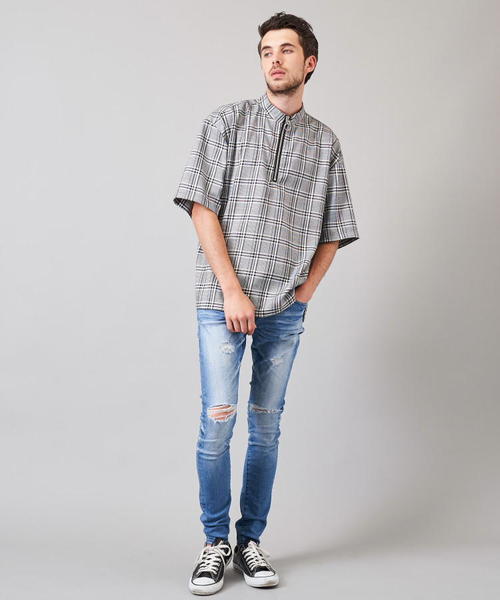 Luv maison（ラブメゾン）の「グレンチェックスタンドジップ 半袖シャツ（シャツ/ブラウス・メンズ・グレー・L/M）」の2枚目の写真