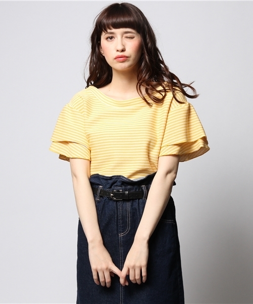 ROSE BUD（ローズバッド）の「LCTT-141120 C/N RUFFLE/S P/O（Tシャツ/カットソー・レディース・ホワイト/ネイビー/ホワイト×イエロー/ホワイト×ブルー/ブルー/レッド/ホワイト×ブラック・ONE SIZE）」の4枚目の写真