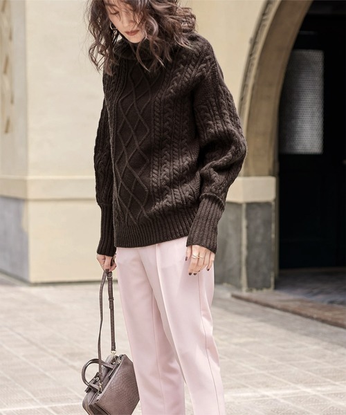 UR'S(ユアーズ)の「ケーブル編ボトルネックニットプルオーバー(ニット/セーター・レディース・ブラウン/オフホワイト/ライトベージュ/グレイッシュベージュ/ライトグレー・L/S/M)」の15枚目の写真