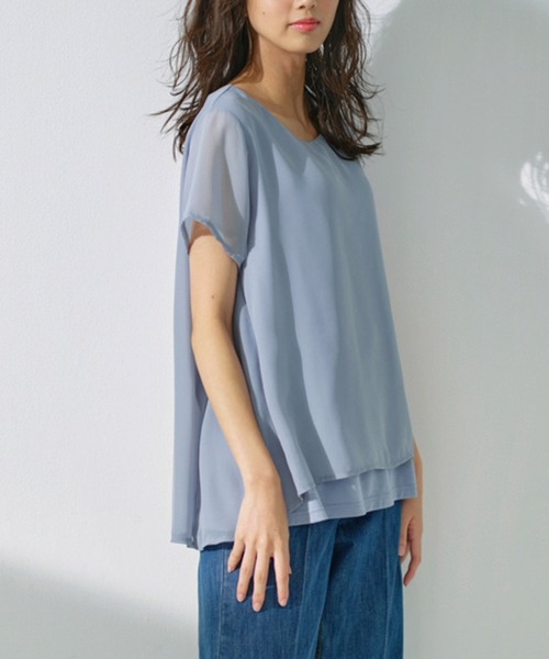 RANAN(ラナン)の「異素材重ねプルオーバー(Tシャツ/カットソー・レディース・ダークブルー/ライトグレー/ブラック/オフホワイト/ネイビー/ベージュ/ピンク/ライトグリーン/サンドグレー/ブルーグリーン/スモークピンク/ライトパープル・M/L/LL)」の8枚目の写真