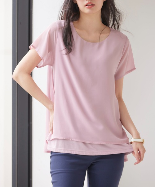 RANAN(ラナン)の「異素材重ねプルオーバー(Tシャツ/カットソー・レディース・ダークブルー/ライトグレー/ブラック/オフホワイト/ネイビー/ベージュ/ピンク/ライトグリーン/サンドグレー/ブルーグリーン/スモークピンク/ライトパープル・M/L/LL)」の12枚目の写真