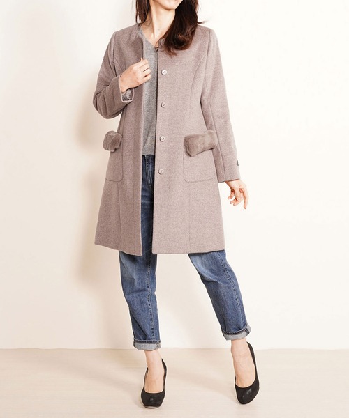 sankyo shokai(サンキョウショウカイ)の「カシミヤブレンドウールノーカラーコート丸襟(ノーカラーコート・レディース・モカ/ブルー/ライトブルー/ピンク・11号/9号)」の7枚目の写真