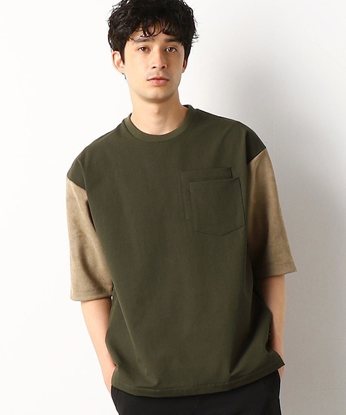 COMME　CA COMMUNE（コムサコミューン）の「スエード切り替え　ビッグTシャツ（Tシャツ/カットソー・メンズ・ブラック/ネイビー/オリーブ・MEDIUM/LARGE）」の3枚目の写真