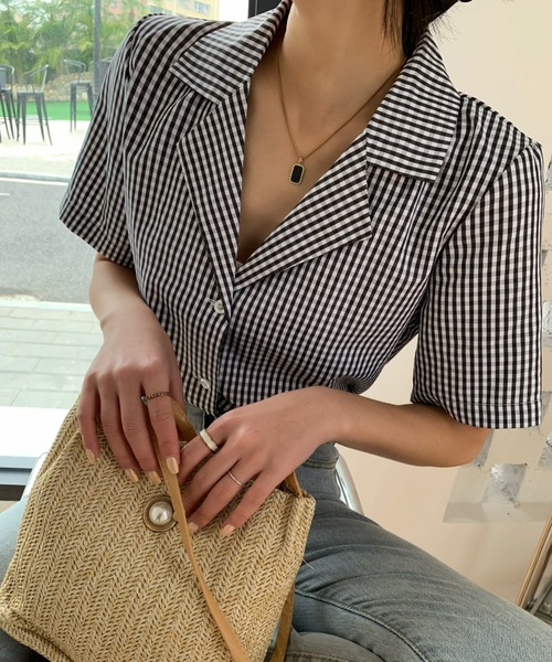 ABITOKYO（アビトーキョー）の「ギンガムチェック開襟ルーズシャツ（シャツ/ブラウス・レディース・グリーン/ネイビー/ブラック/パープル/ブルー・FREE）」の2枚目の写真