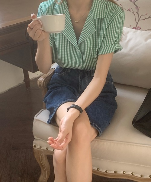 ABITOKYO（アビトーキョー）の「ギンガムチェック開襟ルーズシャツ（シャツ/ブラウス・レディース・グリーン/ネイビー/ブラック/パープル/ブルー・FREE）」の18枚目の写真