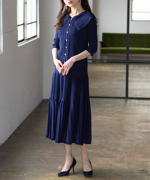 Rose Tiara(ローズティアラ)の「襟付きニットカーディガン(ニット/セーター・レディース・ピンク/ネイビー・46/42/38)」の1枚目の写真