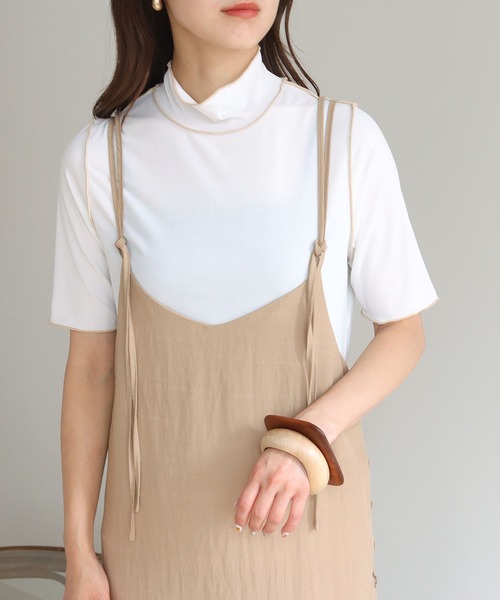 HER CLOSET(ハークローゼット)の「【HERCLOSET】メローステッチハーフスリーブリブカットソー(Tシャツ/カットソー・レディース・アイボリー/ホワイト/ブラック・M)」の1枚目の写真