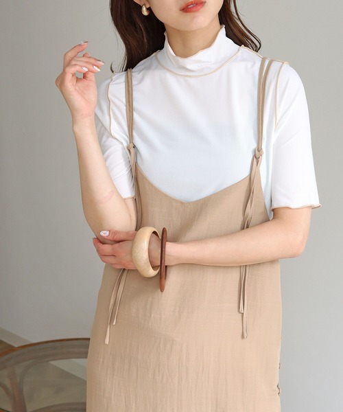 HER CLOSET(ハークローゼット)の「【HERCLOSET】メローステッチハーフスリーブリブカットソー(Tシャツ/カットソー・レディース・アイボリー/ホワイト/ブラック・M)」の4枚目の写真