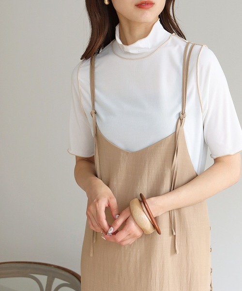 HER CLOSET(ハークローゼット)の「【HERCLOSET】メローステッチハーフスリーブリブカットソー(Tシャツ/カットソー・レディース・アイボリー/ホワイト/ブラック・M)」の5枚目の写真
