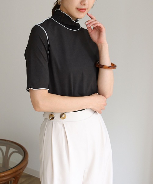 HER CLOSET(ハークローゼット)の「【HERCLOSET】メローステッチハーフスリーブリブカットソー(Tシャツ/カットソー・レディース・アイボリー/ホワイト/ブラック・M)」の14枚目の写真