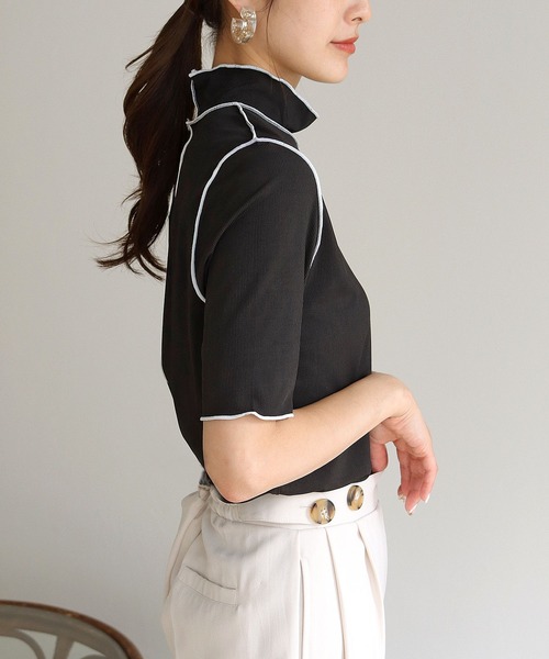 HER CLOSET(ハークローゼット)の「【HERCLOSET】メローステッチハーフスリーブリブカットソー(Tシャツ/カットソー・レディース・アイボリー/ホワイト/ブラック・M)」の16枚目の写真