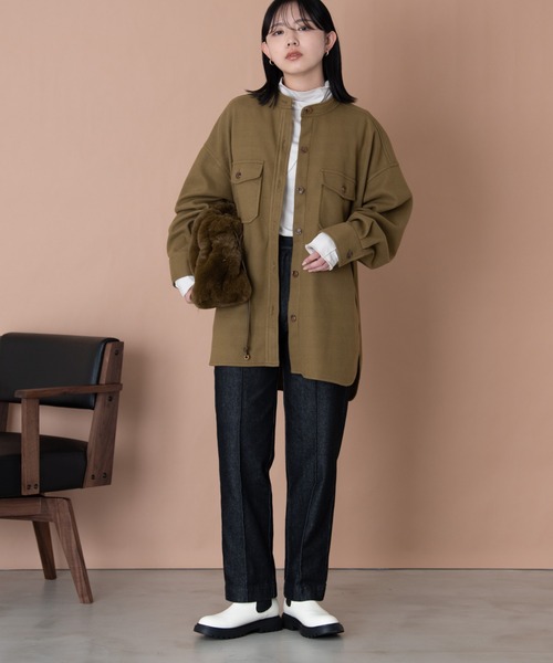 Aunt Marie's（アントマリーズ）の「バンドカラーメルトンCPOシャツ（カバーオール・レディース・オリーブ/ベージュ・マルチサイズ）」の6枚目の写真