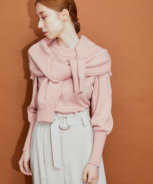 MADEMOISELLE ROPE'（マドモアゼル ロペ）の「【3WAY】ショートニット+パフスリーブニット（ニット/セーター・レディース・ダークブラウン/ピンク・38）」の2枚目の写真