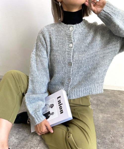 MLI'A(エムリア)の「モヘアタッチニットカーディガン(カーディガン/ボレロ・レディース・イエロー/グリーン/杢グレー/レンガ/ブラック/アイボリー/サックスブルー/パープル系/ライトイエロー/レッド系その他/グリーン系/イエロー系5/アイボリー系/ライトイエロー系/パープル系その他/サックスブルー系2・M)」の1枚目の写真