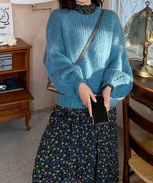 me+em select（ミームセレクト）の「ざっくり編みボリュームスリーブカラーニット（ニット/セーター・レディース・ブラウン/グリーン/ホワイト/ブルー/パープル・FREE）」の15枚目の写真