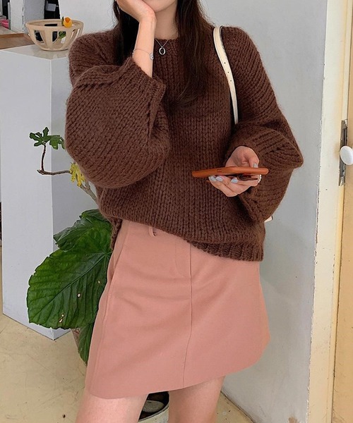 me+em select（ミームセレクト）の「ざっくり編みボリュームスリーブカラーニット（ニット/セーター・レディース・ブラウン/グリーン/ホワイト/ブルー/パープル・FREE）」の21枚目の写真