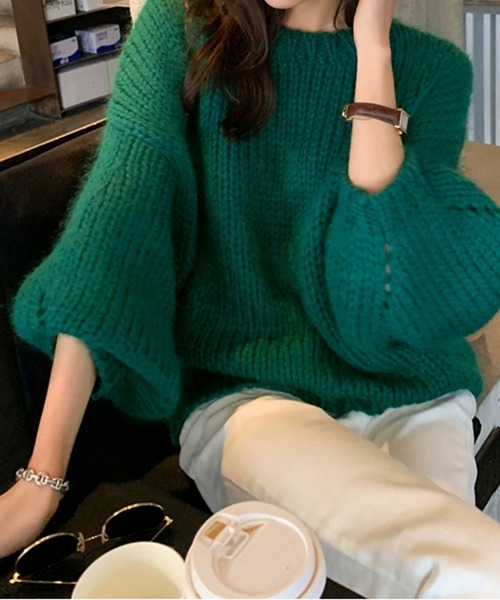 me+em select（ミームセレクト）の「ざっくり編みボリュームスリーブカラーニット（ニット/セーター・レディース・ブラウン/グリーン/ホワイト/ブルー/パープル・FREE）」の11枚目の写真