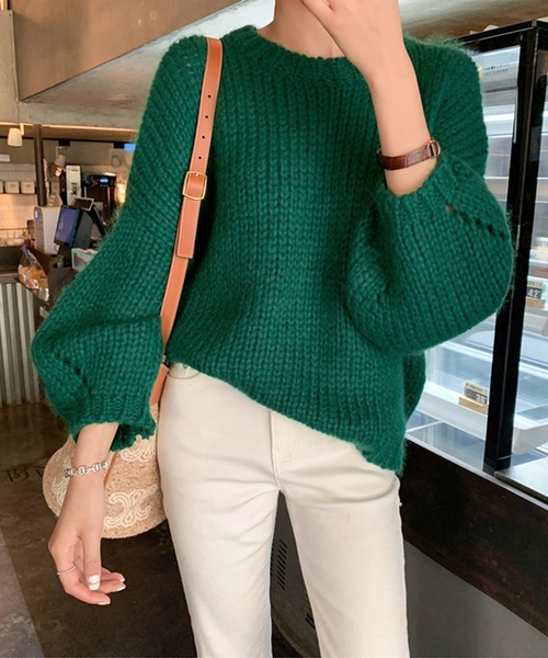 me+em select（ミームセレクト）の「ざっくり編みボリュームスリーブカラーニット（ニット/セーター・レディース・ブラウン/グリーン/ホワイト/ブルー/パープル・FREE）」の12枚目の写真