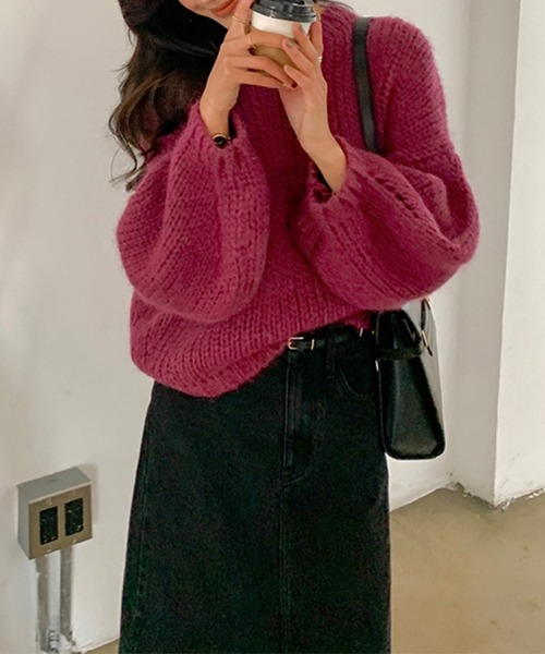 me+em select（ミームセレクト）の「ざっくり編みボリュームスリーブカラーニット（ニット/セーター・レディース・ブラウン/グリーン/ホワイト/ブルー/パープル・FREE）」の6枚目の写真