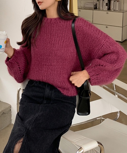 me+em select（ミームセレクト）の「ざっくり編みボリュームスリーブカラーニット（ニット/セーター・レディース・ブラウン/グリーン/ホワイト/ブルー/パープル・FREE）」の7枚目の写真