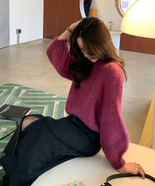 me+em select（ミームセレクト）の「ざっくり編みボリュームスリーブカラーニット（ニット/セーター・レディース・ブラウン/グリーン/ホワイト/ブルー/パープル・FREE）」の9枚目の写真