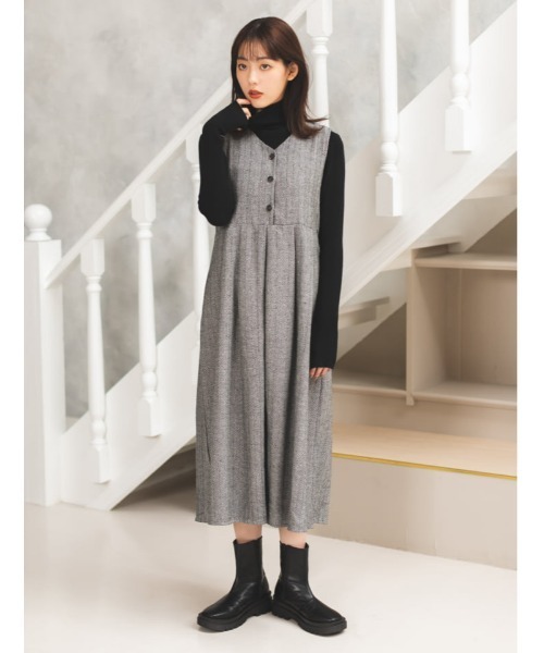 fifth calin（フィフスカラン）の「ヘリンボーンジャンパースカート（ワンピース・レディース・ブラック/ブラウン・MEDIUM）」の2枚目の写真