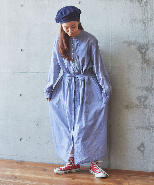 PAR ICI(パーリッシィ)の「ローンシャンブレー小紋柄抜染プリント ピンタックワンピース(シャツワンピース・レディース・ブラック/サックスブルー・FREE)」の16枚目の写真