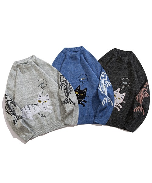 HOOK（フック）の「【HOOK】個性派・かわいい猫とサカナ刺繍ニットセーター（ニット/セーター・メンズ・グレー/ブラック/ブルー・L/M/XL）」の19枚目の写真