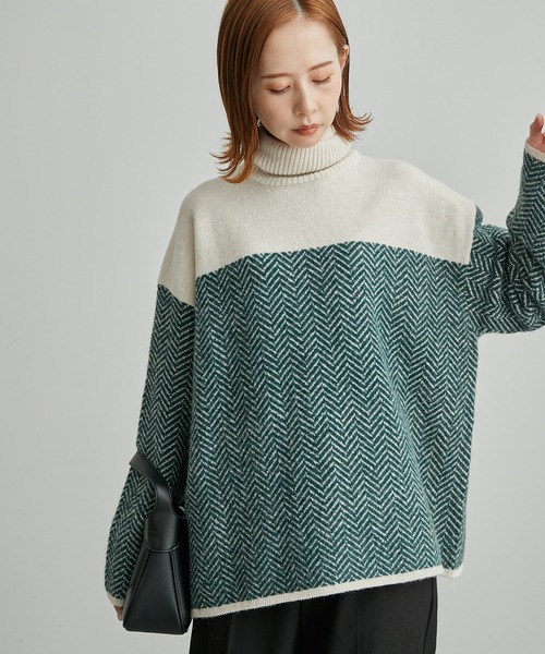 ROPE' PICNIC（ロペピクニック）の「ヘリンボーンジャガードニットプルオーバー（ニット/セーター・レディース・ブラック/グリーン・38）」の2枚目の写真