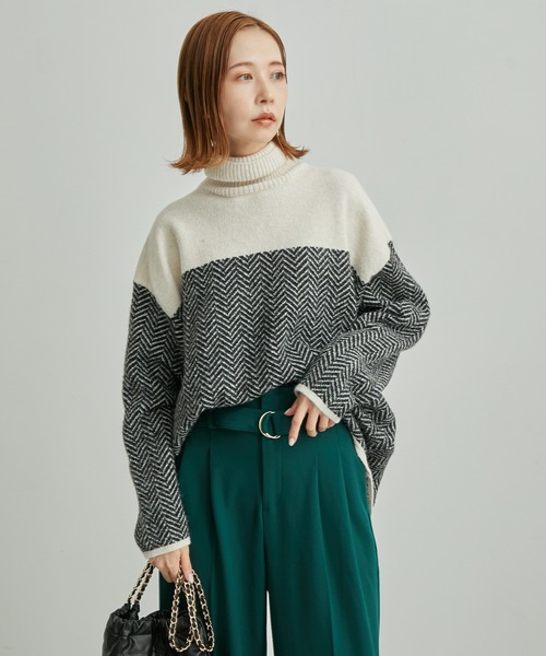 ROPE' PICNIC（ロペピクニック）の「ヘリンボーンジャガードニットプルオーバー（ニット/セーター・レディース・ブラック/グリーン・38）」の12枚目の写真