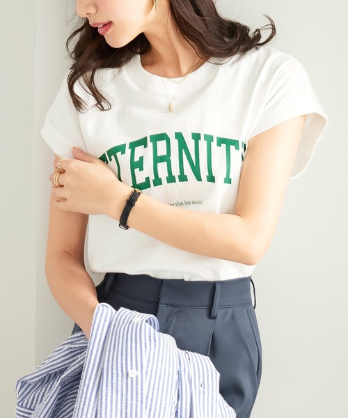 CHAN ME（チャンミ）の「綿100％カレッジロゴフレンチスリーブTシャツ（Tシャツ/カットソー・レディース・グリーン系その他/レッド系その他/ブラック/ホワイト/オレンジ系その他・MEDIUM/LARGE/X-LARGE）」の6枚目の写真