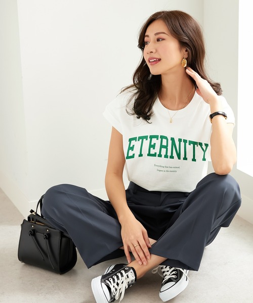 CHAN ME（チャンミ）の「綿100％カレッジロゴフレンチスリーブTシャツ（Tシャツ/カットソー・レディース・グリーン系その他/レッド系その他/ブラック/ホワイト/オレンジ系その他・MEDIUM/LARGE/X-LARGE）」の11枚目の写真