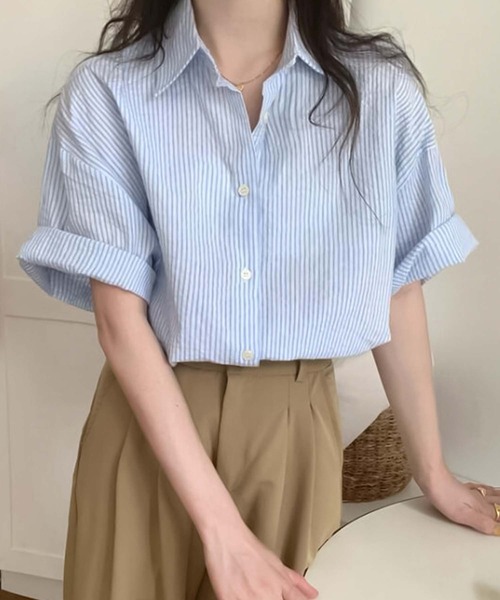 Girly Doll(ガーリードール)の「ストライプ半袖シャツ(シャツ/ブラウス・レディース・ブルー/イエロー/グリーン/ピンク/ブラック・F)」の6枚目の写真