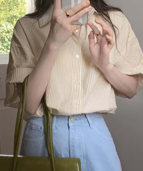 Girly Doll(ガーリードール)の「ストライプ半袖シャツ(シャツ/ブラウス・レディース・ブルー/イエロー/グリーン/ピンク/ブラック・F)」の8枚目の写真