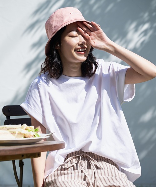 JEANS MATE（ジーンズメイト）の「汗染みの目立ちにくいTシャツ ZEROSTAIN ゼロステイン　撥水性　UVカット ローカルラウンド　無地ヘムTシャツ（Tシャツ/カットソー・レディース・ホワイト/ピンク系その他/ダークブルー/グレー/イエロー/ブラック/ミント/ダークベージュ/チャコールグレー・LARGE/MEDIUM）」の2枚目の写真