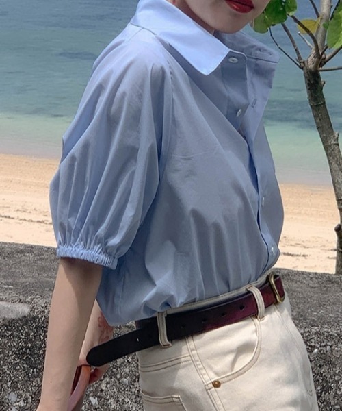 Vipoa（ヴィポア）の「ルーズシルエットパフスリーブシャツブラウス（シャツ/ブラウス・レディース・ブルー/ホワイト・FREE）」の8枚目の写真