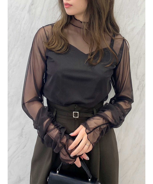 dazzlin(ダズリン)の「チュールシアーギャザートップス(Tシャツ/カットソー・レディース・グレー/オフホワイト/チャコールグレー・FREE)」の2枚目の写真