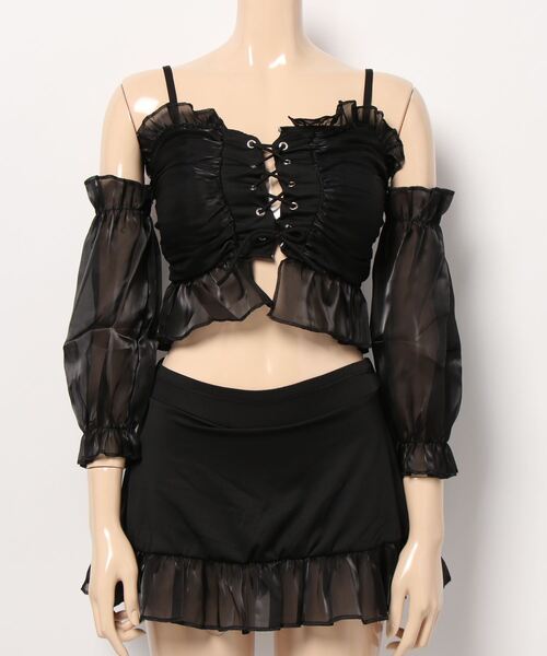 Ritzy（リッツィー）の「オフショルダー ロングパフスリーブ レースアップスカートビキニ 水着（水着・レディース・ブラック/ホワイト・FREE）」の20枚目の写真