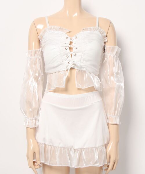 Ritzy（リッツィー）の「オフショルダー ロングパフスリーブ レースアップスカートビキニ 水着（水着・レディース・ブラック/ホワイト・FREE）」の21枚目の写真