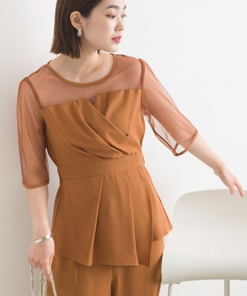 terrace(テラス)の「【セットアップ】レースドッキングラップブラウス+センターピンタックパンツ 上下2点セット(パンツドレス・レディース・ブラック/カーキ/ベージュ/ブラウン・MEDIUM)」の6枚目の写真