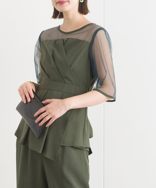 terrace(テラス)の「【セットアップ】レースドッキングラップブラウス+センターピンタックパンツ 上下2点セット(パンツドレス・レディース・ブラック/カーキ/ベージュ/ブラウン・MEDIUM)」の11枚目の写真