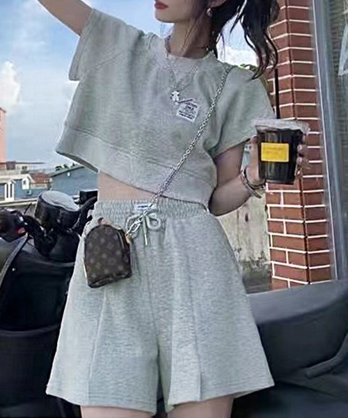 PRIVATE  BEACH（プライベートビーチ）の「2点セットルームウェア クロップド丈スウェットトレーナー＆ショートパンツ（ルームウェア/パジャマ・レディース・グレー/ブルー/ピンク・S/M/L）」の7枚目の写真