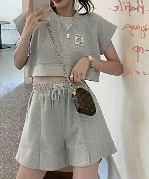 PRIVATE  BEACH（プライベートビーチ）の「2点セットルームウェア クロップド丈スウェットトレーナー＆ショートパンツ（ルームウェア/パジャマ・レディース・グレー/ブルー/ピンク・S/M/L）」の8枚目の写真