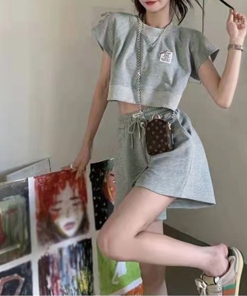 PRIVATE  BEACH（プライベートビーチ）の「2点セットルームウェア クロップド丈スウェットトレーナー＆ショートパンツ（ルームウェア/パジャマ・レディース・グレー/ブルー/ピンク・S/M/L）」の9枚目の写真